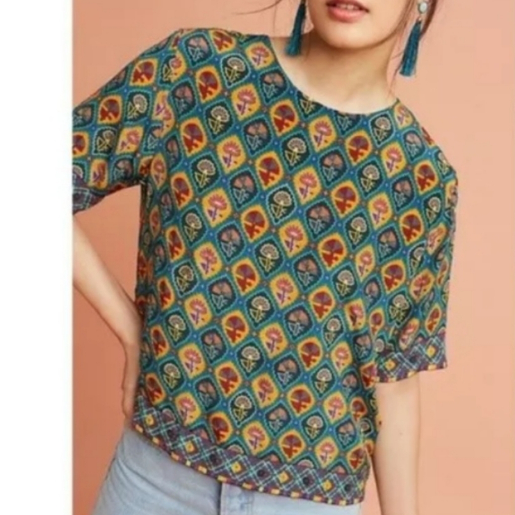 Tanvi Kedia Anthropologie 100% Silk Beaded Brenna Top Short Sleeve Shirt Blouse
